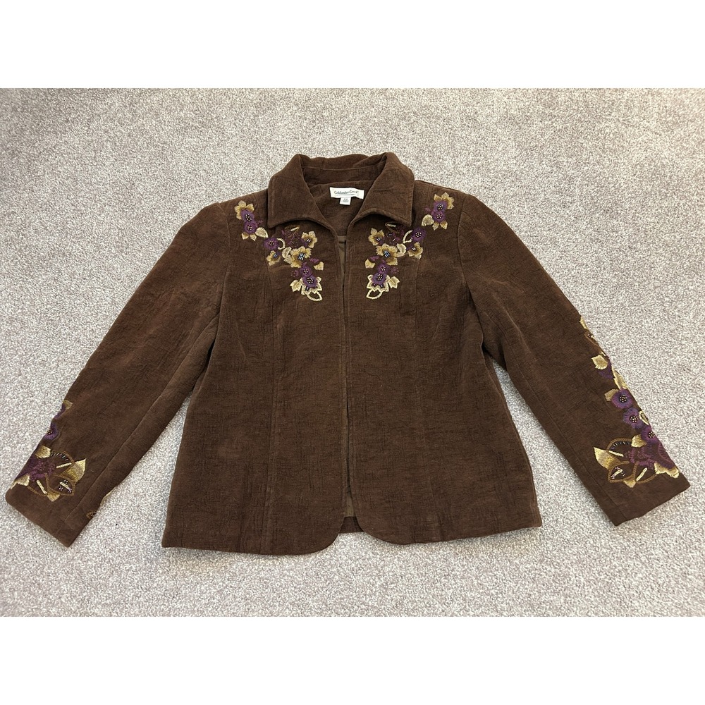 Designer Coldwater Creek Jacket Womens P12 Brown Excellent Floral Embroidered